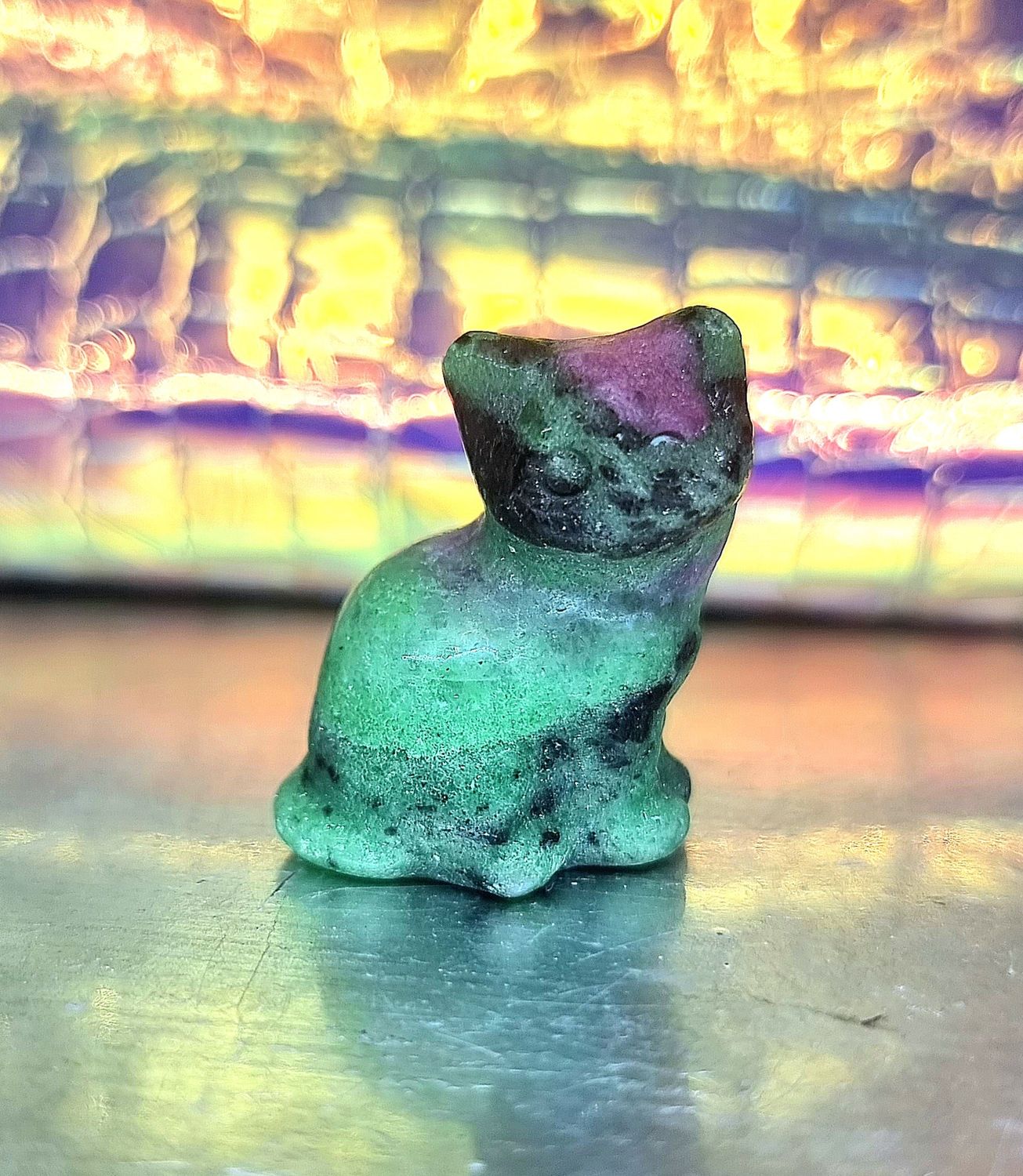 Sitting Cat Stone Carving with Wooden Treasure Box, Stone Type: Ruby Zoisite