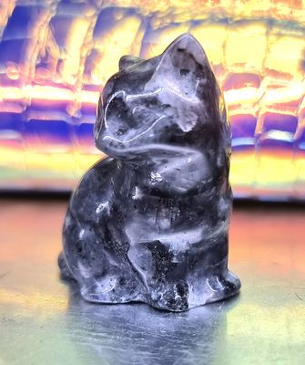 Sitting Cat Stone Carving Animal Natural Larvikite ( Black Labradorite) Stone Figurine 