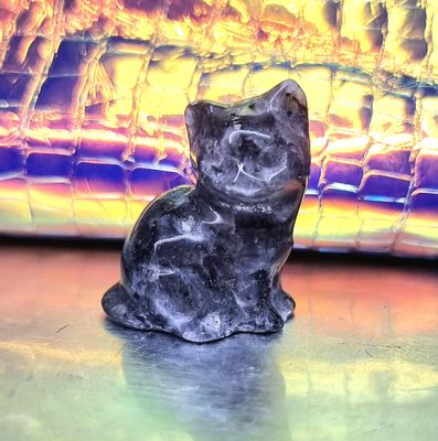 Sitting Cat Stone Carving Animal Natural Larvikite ( Black Labradorite) Stone Figurine 