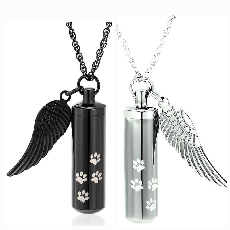 Jewellery Paw Print Urn Necklace for Ashes Cylinder Urn Pendant Keepsake Memorial Ash Locket Holder Black and Silver