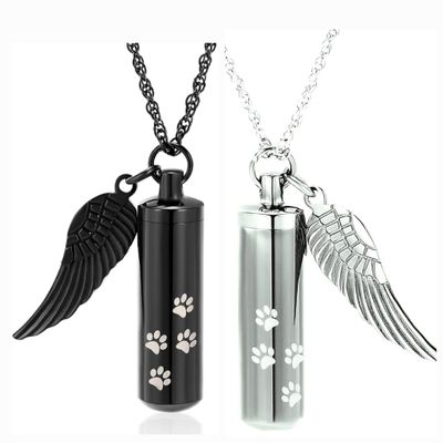 Jewellery Paw Print Urn Necklace for Ashes Cylinder Urn Pendant Keepsake Memorial Ash Locket Holder Black and Silver