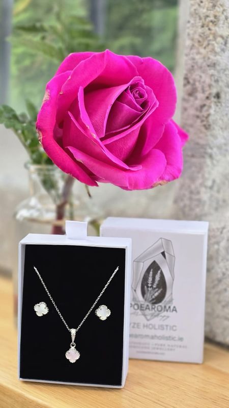 Cross Lucky Clover Leaf Mother of Pearl 925 Sterling Silver Jewellery Set