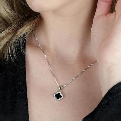 Cross Lucky Clover Leaf Jewellery 925 Sterling Silver Black Obsidian 3 Piece Jewellery Set
