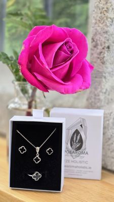 Cross Lucky Clover Leaf Jewellery 925 Sterling Silver Black Obsidian 3 Piece Jewellery Set