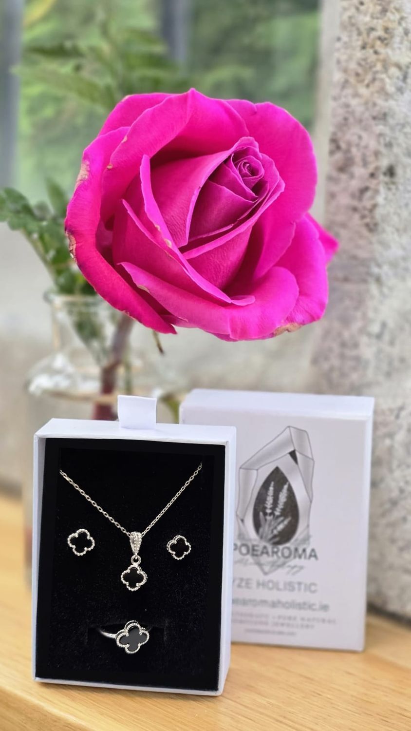 Cross Lucky Clover Leaf Jewellery 925 Sterling Silver Black Obsidian 3 Piece Jewellery Set