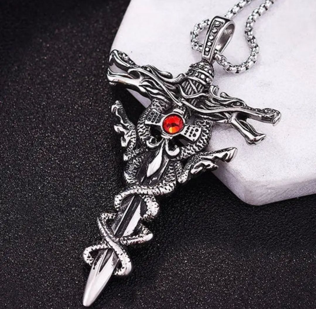 ‘Dragon’s Breath’  Titanium Steel Cross Pendant Silver Necklace