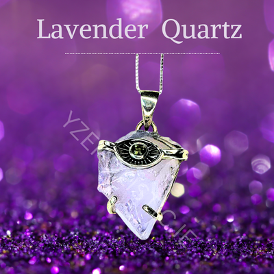 Lavender Quartz Moldavite Evil Eye Necklace Pendant 925 Sterling Silver 