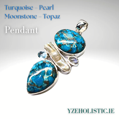 Turquoise Pearl Topaz Moonstone Combination Crystal Pendant Necklace 925 Sterling Silver