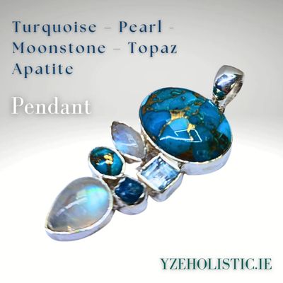 Turquoise Pearl Topaz Apatite Moonstone Combination Crystal Pendant Necklace 925 Sterling Silver