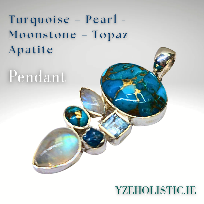 Turquoise Topaz Apatite Moonstone Combination Crystal Pendant Necklace 925 Sterling Silver