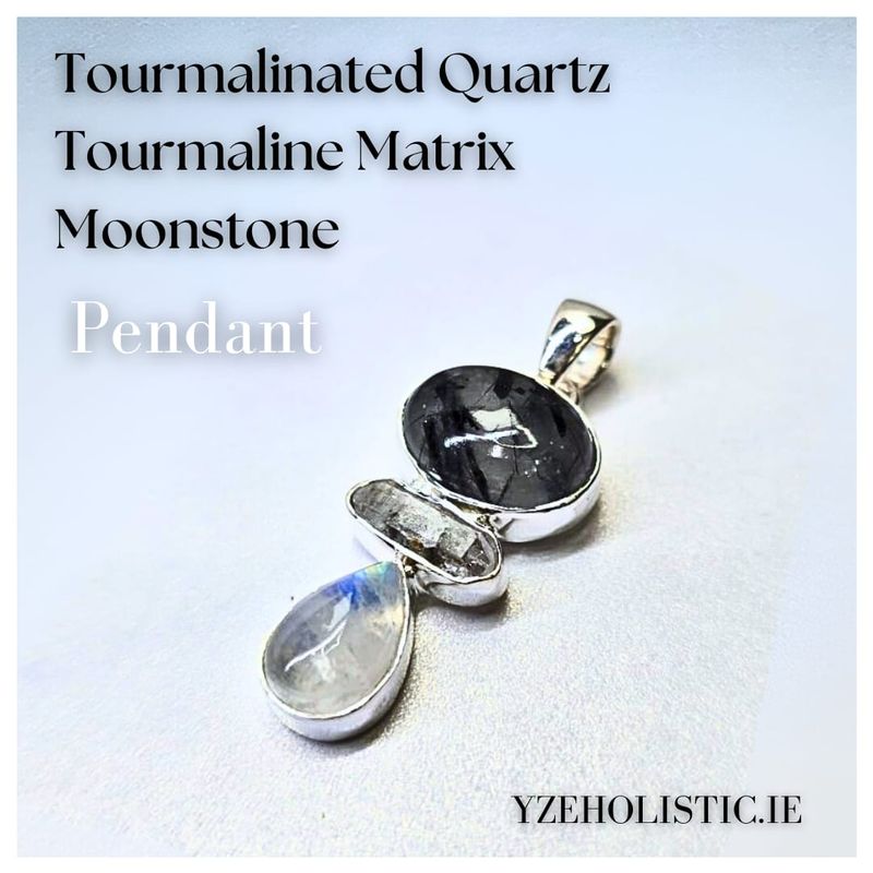 Tourmalinated Quartz - Tourmaline Matrix - Moonstone Pendant Natural Stone Crystal Necklace Pendant