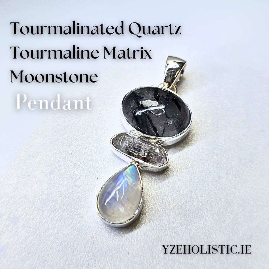 Tourmalinated Quartz - Tourmaline Matrix - Moonstone Pendant Natural Stone Crystal Necklace Pendant