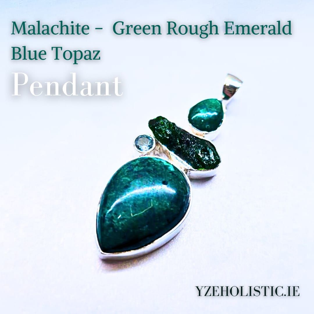 Malachite - Green Rough Emerald - Blue Topaz 925 Sterling Silver Pendant Natural Stone Crystal Necklace 