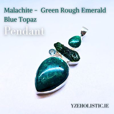 Malachite - Green Rough Emerald - Blue Topaz 925 Sterling Silver Pendant Natural Stone Crystal Necklace 