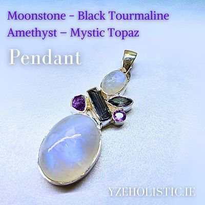 Moonstone - Black Tourmaline - Amethyst Mystic Topaz Pendant Natural Stone Crystal Necklace Pendant