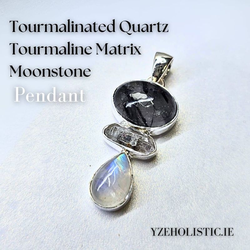 Tourmalinated Quartz - Tourmaline Matrix - Moonstone Pendant Natural Stone Crystal Necklace Pendant
