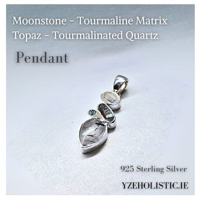 Tourmalinated Quartz - Tourmaline Matrix - Moonstone - Topaz Pendant Natural Stone Crystal Necklace Pendant