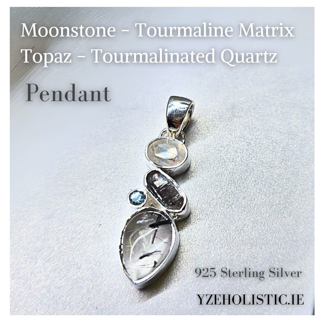 Tourmalinated Quartz - Tourmaline Matrix - Moonstone - Topaz Pendant Natural Stone Crystal Necklace Pendant
