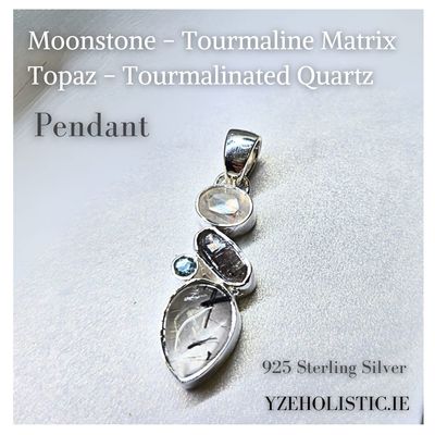 Tourmalinated Quartz - Tourmaline Matrix - Moonstone - Topaz Pendant Natural Stone Crystal Necklace Pendant