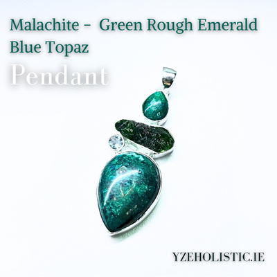 Malachite - Green Rough Emerald - Blue Topaz 925 Sterling Silver Pendant Natural Stone Crystal Necklace 