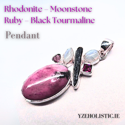 Pink Rhodonite Moonstone Black Tourmaline Ruby Crystal Pendant Necklace