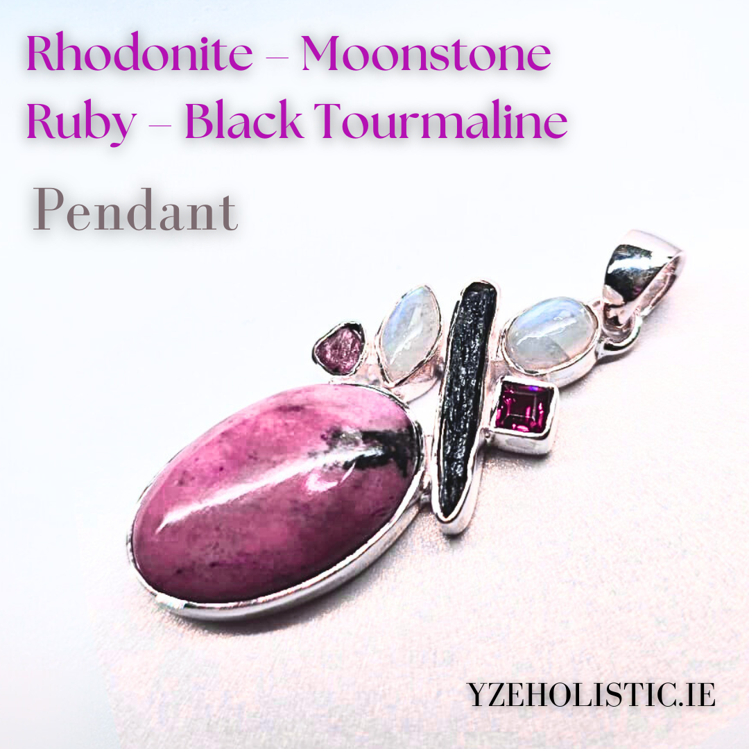 Pink Rhodonite Moonstone Black Tourmaline Ruby Crystal Pendant Necklace
