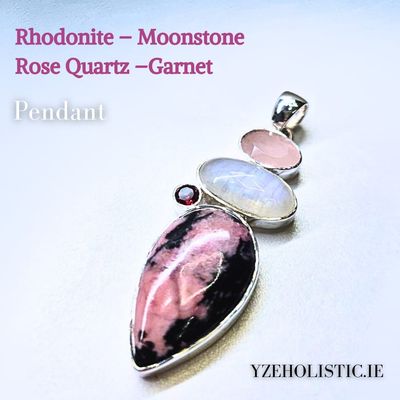 Rhodonite - Moonstone  - Rose Quartz - Garnet 925 Sterling Silver Natural Stone Necklace 