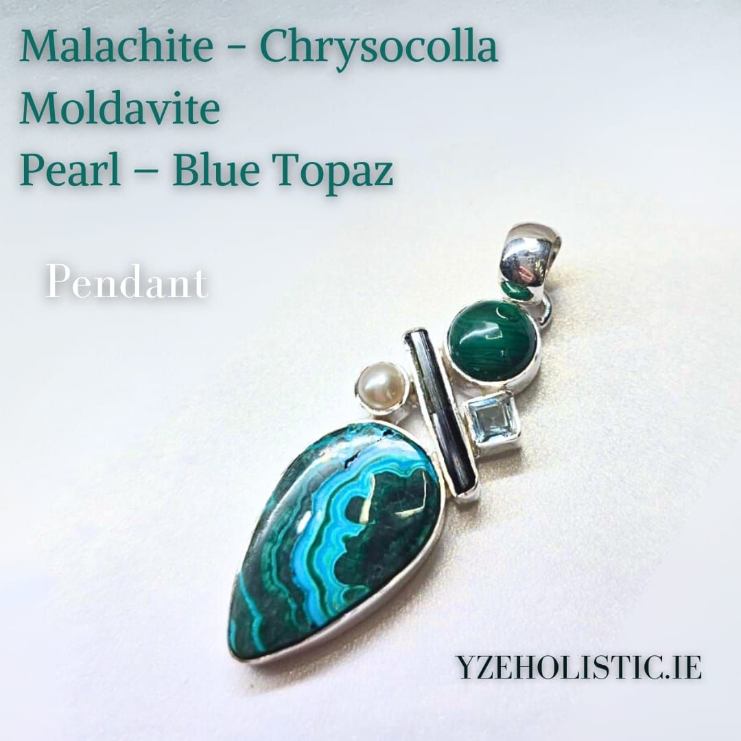 Malachite - Chrysocolla - Moldavite - Blue Topaz - Pearl 925 Sterling Silver Pendant Natural Stone Crystal Necklace 