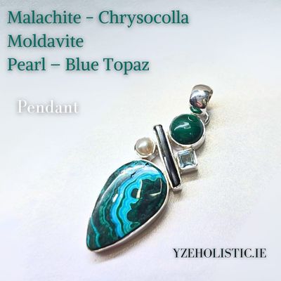 Malachite - Chrysocolla - Moldavite - Blue Topaz - Pearl 925 Sterling Silver Pendant Natural Stone Crystal Necklace 