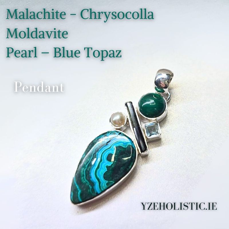 Malachite - Chrysocolla - Moldavite - Blue Topaz - Pearl 925 Sterling Silver Pendant Natural Stone Crystal Necklace 