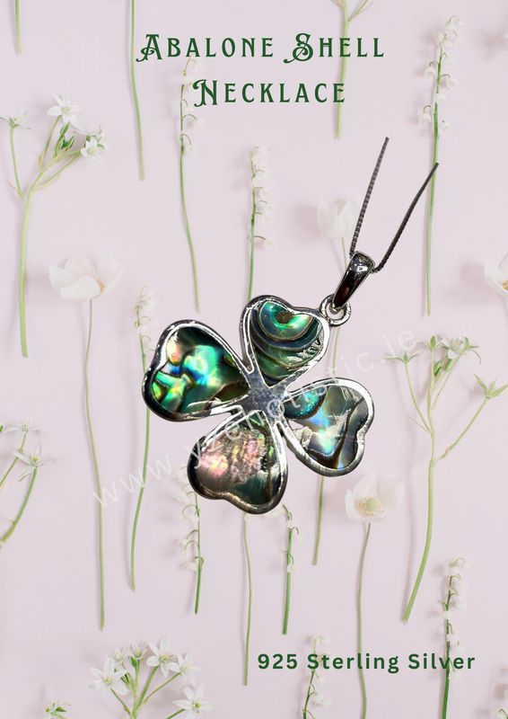 Abalone Shell Lucky Clover 925 Sterling Silver Celtic Crystal Pendant Necklace