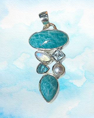 Amazonite Moonstone Blue Topaz Pearl Rough Aquamarine Silver Necklace Teal Green Amulet 925 Sterling Silver Pendant Crystal Necklace 