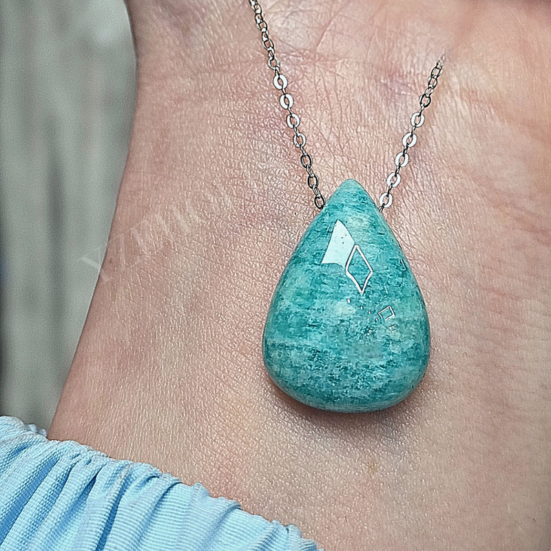 Amazonite Teal Drop Shape Green Amulet Necklace 925 Sterling silver Pendant Crystal Necklace