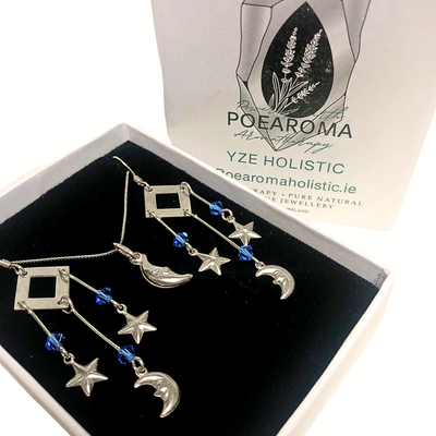 Moon and Star Earrings 925 Sterling Silver Blue