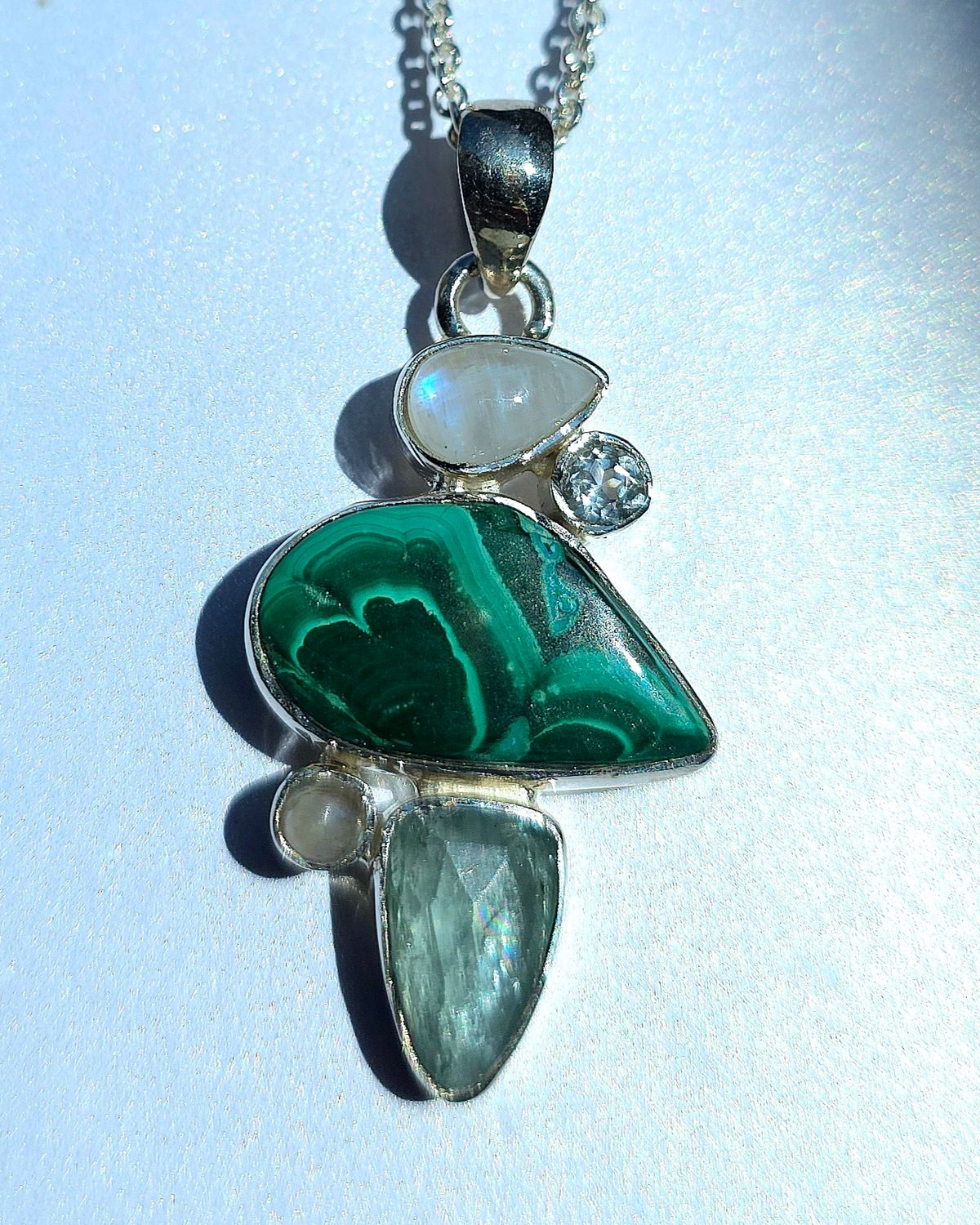 Malachite - Moonstone - Green Kyanite - Blue Topaz 925 Sterling Silver Pendant Natural Stone Crystal Necklace 
