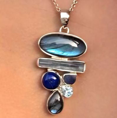 Labradorite Kyanite Lapis Lazuli Tanzanite Blue Topaz Crystal 925 STERLING SILVER Pendant Necklace 