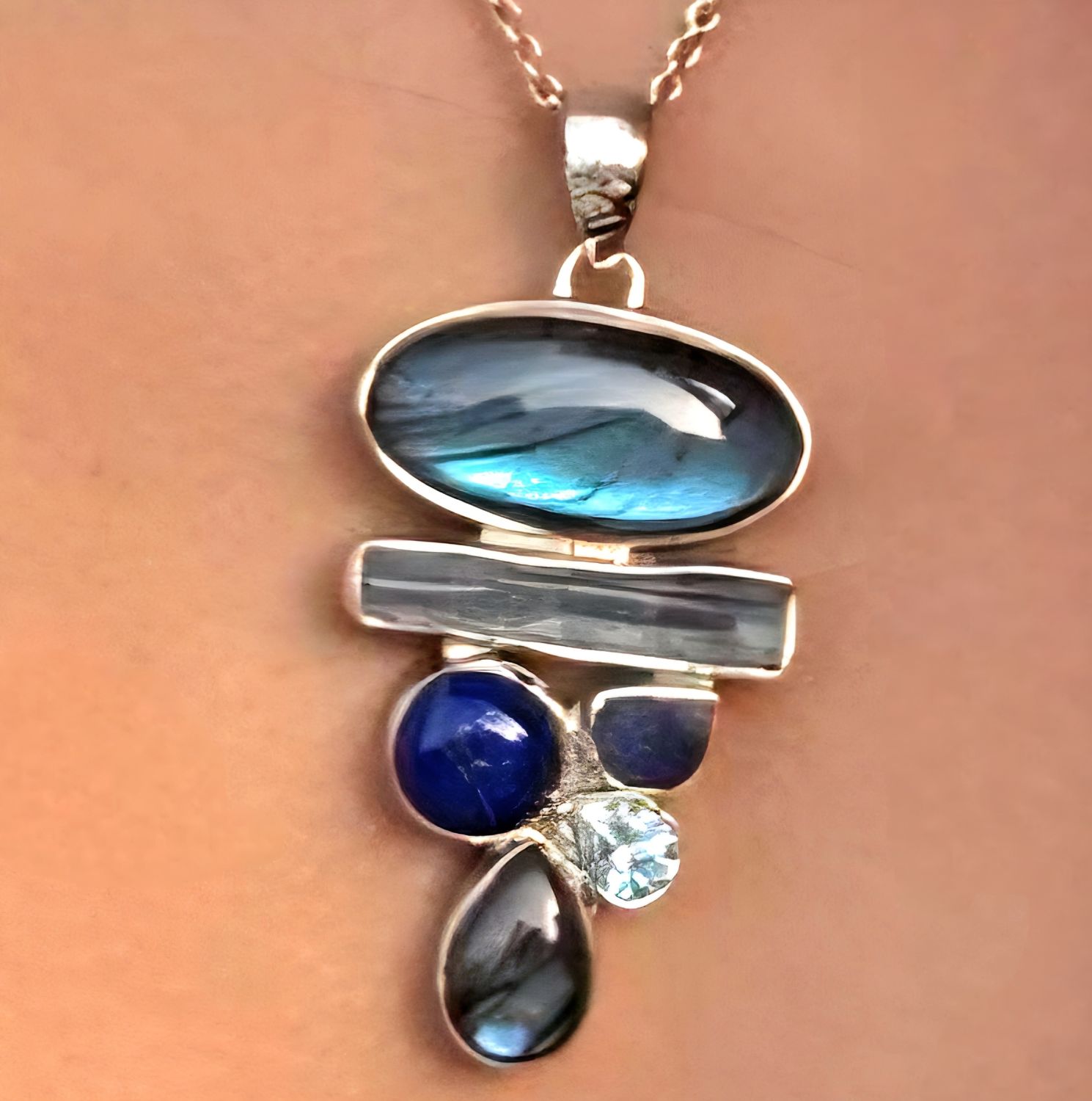 Labradorite Kyanite Lapis Lazuli Tanzanite Blue Topaz Crystal 925 STERLING SILVER Pendant Necklace 