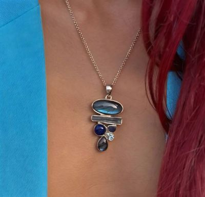 Labradorite Kyanite Lapis Lazuli Tanzanite Blue Topaz Crystal 925 STERLING SILVER Pendant Necklace 