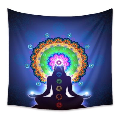 Tapestry 3D Mandala Yoga Chakra Beautiful Woman Silhouette Crystal Vector Tapestry Colorful Wall Hanging Large Blue