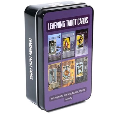 Learning Tarot Cards with meanings on the cards Keywords Reversed Chakra Planet Zodiac Tin Metal Box