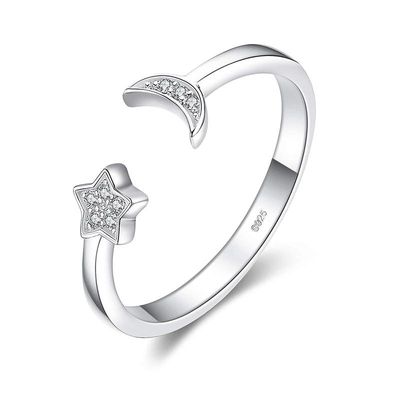 Moon and Star 925 Sterling Silver Women&#39;s Ring