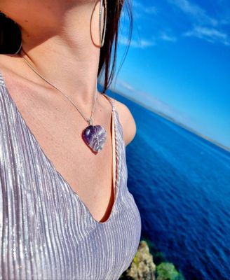 Chevron Amethyst Crystal Heart Pendant 925 Silver Necklace Tree of life Wirewrapped - Serenity - Awakening 