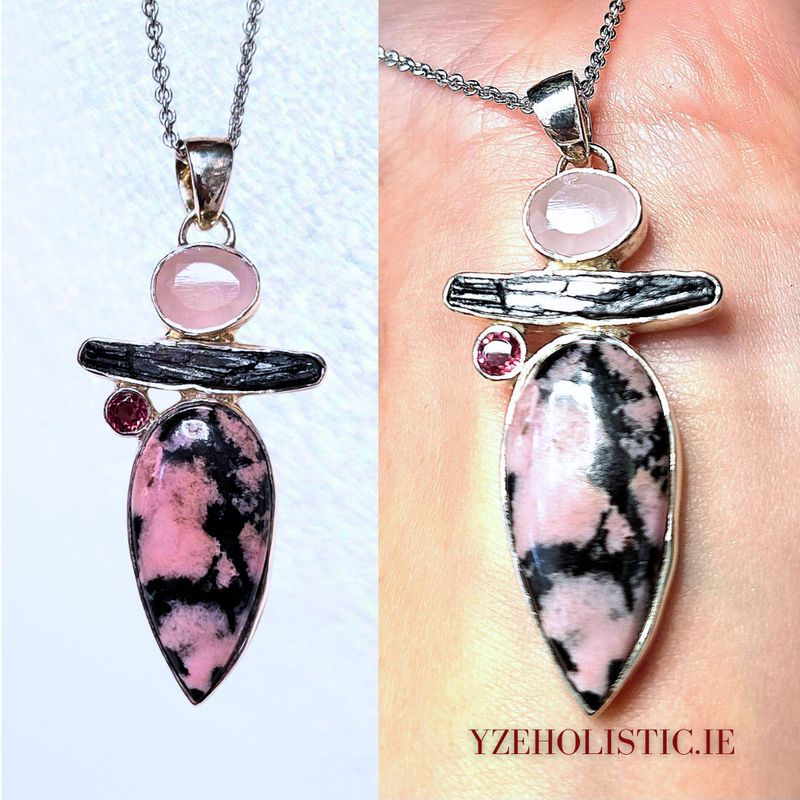 Pink Rhodonite Morganite Black Tourmaline Ruby Crystal Pendant Necklace 925 Sterling Silver 