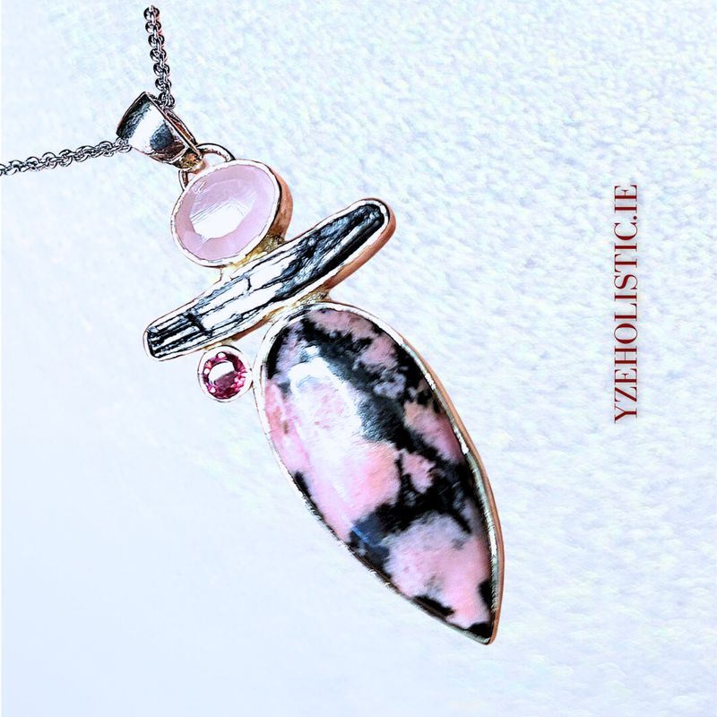 Pink Rhodonite Morganite Black Tourmaline Ruby Crystal Pendant Necklace 925 Sterling Silver 