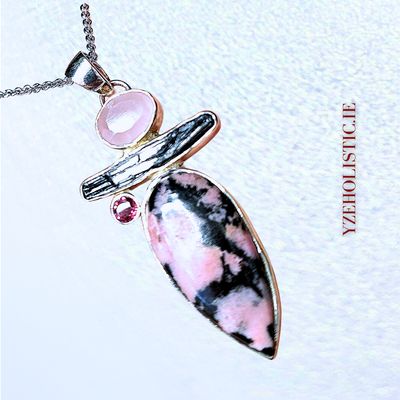 Pink Rhodonite Morganite Black Tourmaline Ruby Crystal Pendant Necklace 925 Sterling Silver 