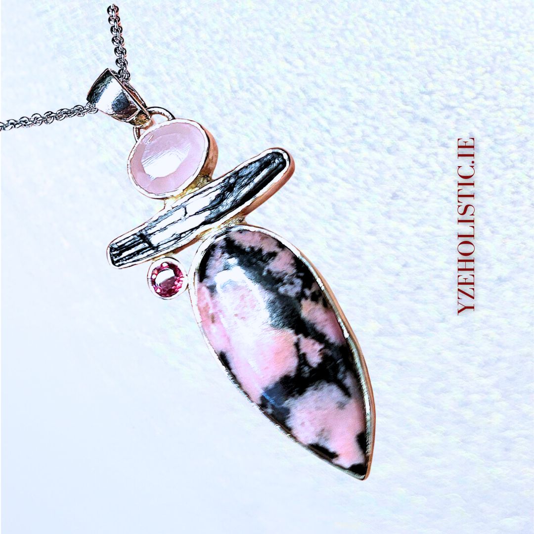 Pink Rhodonite Morganite Black Tourmaline Ruby Crystal Pendant Necklace 925 Sterling Silver 