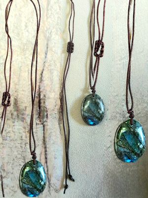 Labradorite Crystal Necklace Brown Rope ±22"