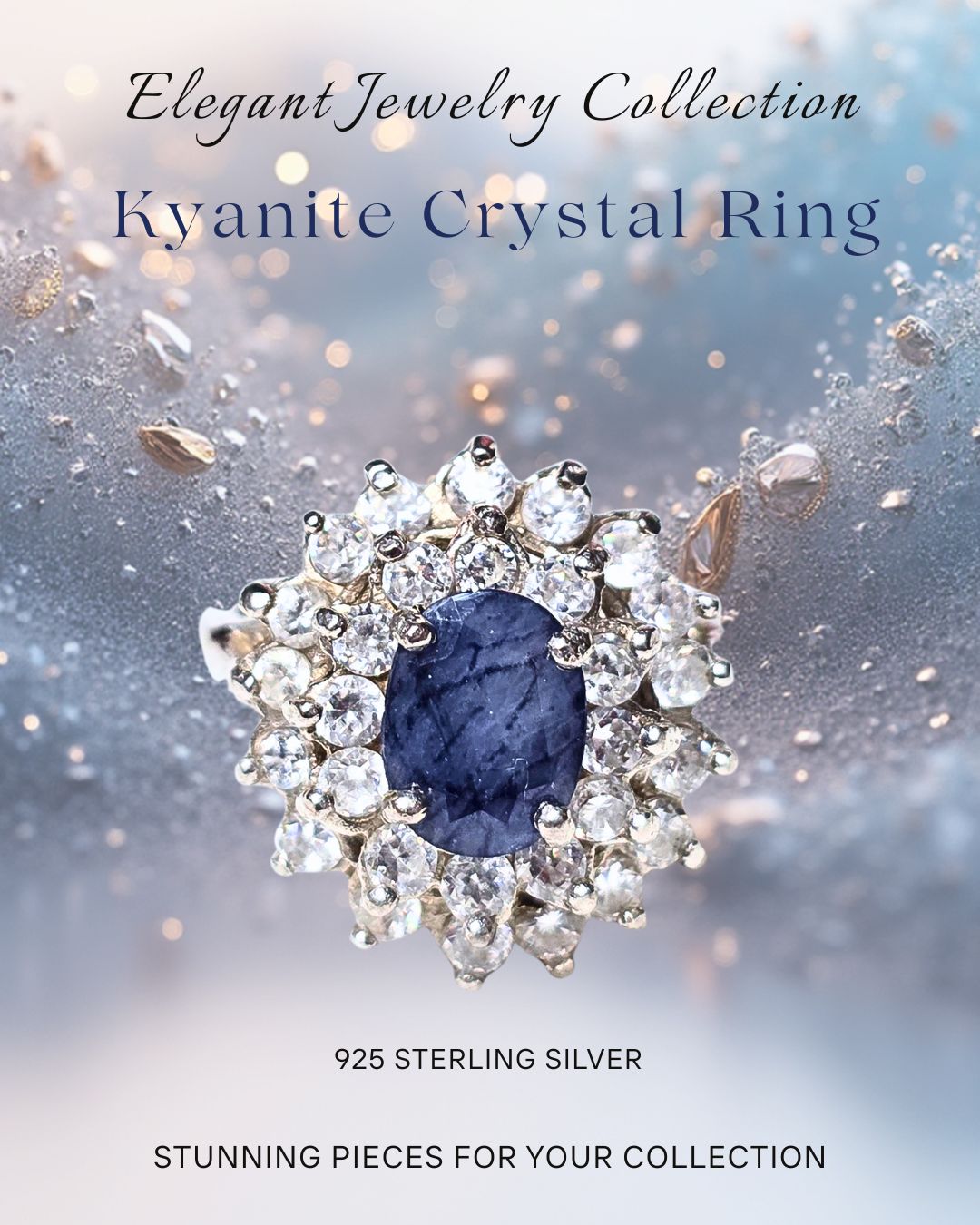 Kyanite Crystal Ring Oval Style 925 Sterling Silver "Snowflake Sparkle" 