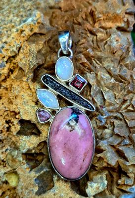 Pink Rhodonite Moonstone Black Tourmaline Ruby Crystal Pendant Necklace