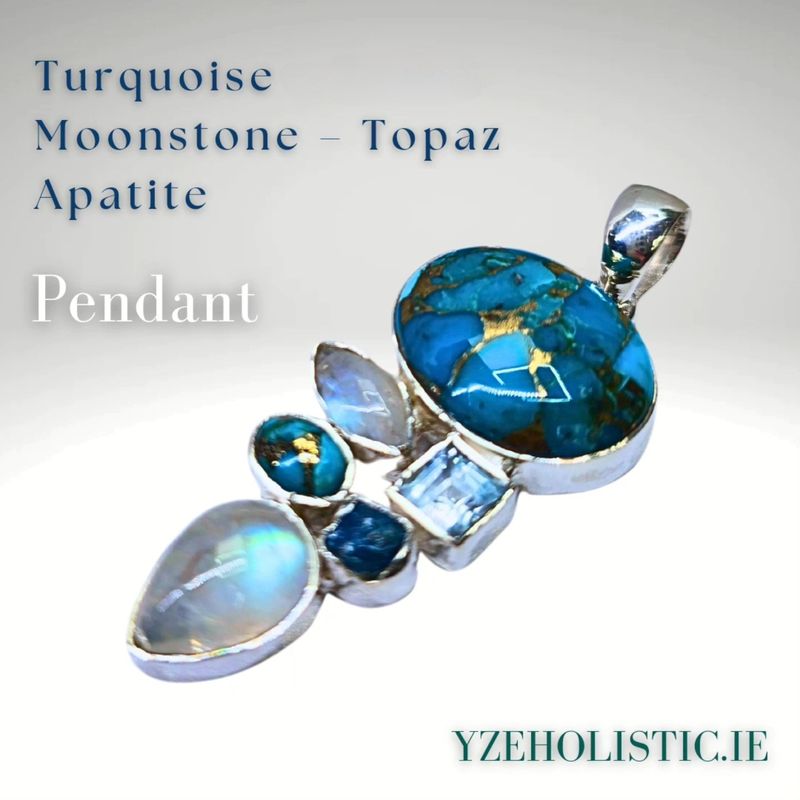 Turquoise Pearl Topaz Apatite Moonstone Combination Crystal Pendant Necklace 925 Sterling Silver
